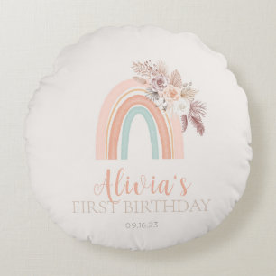 Boho Rainbow Watercolor Erster Geburtstag Rundes Kissen