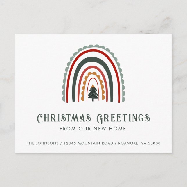 Boho Rainbow Weihnachtsgrüße von New Zuhause Ankündigungspostkarte (Vorderseite)