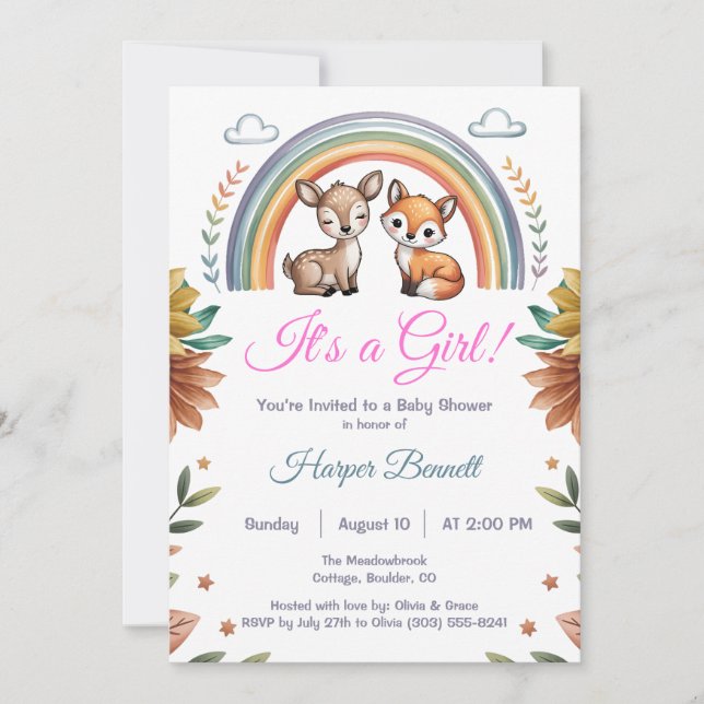 Boho Rainbow Woodland Animals Girl Baby Shower Einladung (Vorderseite)