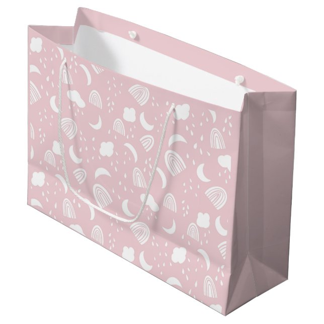 Boho Rainbows Wolken Rosa und Weiß Große Geschenktüte (Vorderseite Schrägansicht)