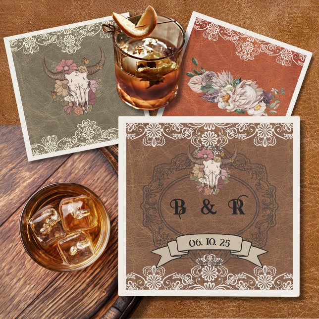 Boho Ranch Wedding Monogram Paper Cocktail Napkin Serviette (Von Creator hochgeladen)