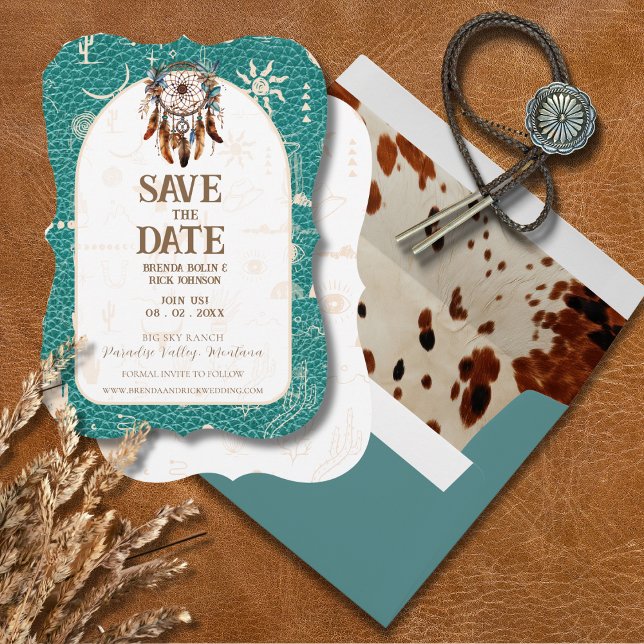 Boho Ranch Wedding Türkise Leather Save the Date Einladung (Boho Ranch Wedding Turquoise Leather Save the Date Card)