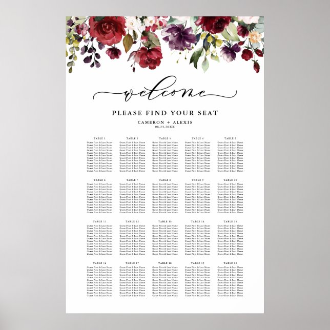 Boho Red and Lila Floral Wedding Chart Poster (Vorne)