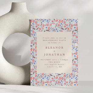 Boho Red Blue Moth Floral Engagement Party Einladung