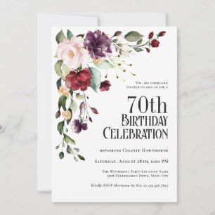 Boho Red, Blush und Lila Floral 70. Geburtstag Einladung