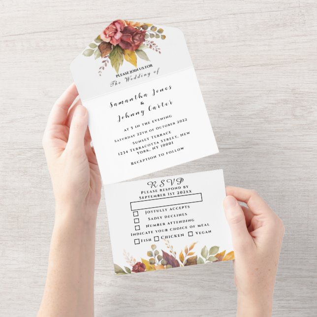 Boho Red Burgundy Bloral Script Wedding Elegant All In One Einladung (Abreißen)