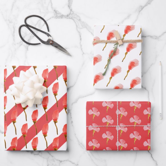 Boho Red Floral Watercolor Geschenkpapier Set (Vorderseite)
