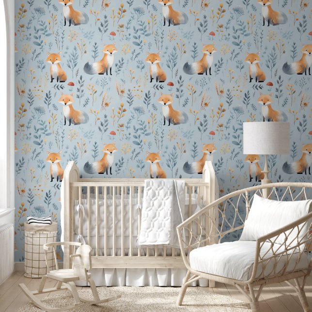 Boho Red Fox auf Blue Baby Kinderzimmer Tapete (Kinder)