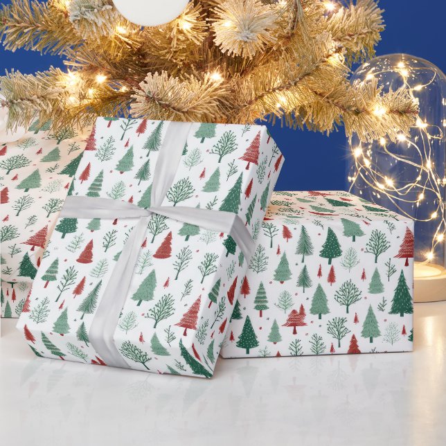 Boho Red Green Weihnachtsbaumen Urlaub Geschenkpapier (Feiertage)