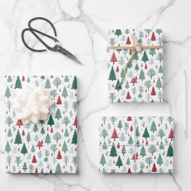 Boho Red Green Weihnachtsbaumen Urlaub Geschenkpapier Set (Vorderseite)