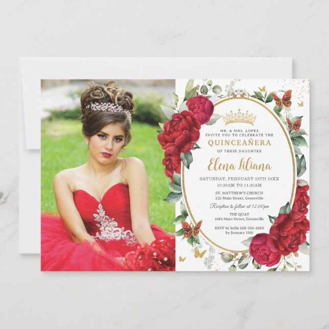Boho Red Peonies Floral Butterflies Quinceañera Einladung (Vorderseite)