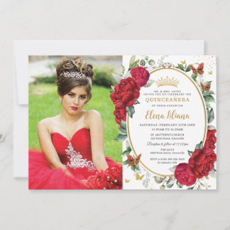 Boho Red Peonies Floral Butterflies Quinceañera Einladung