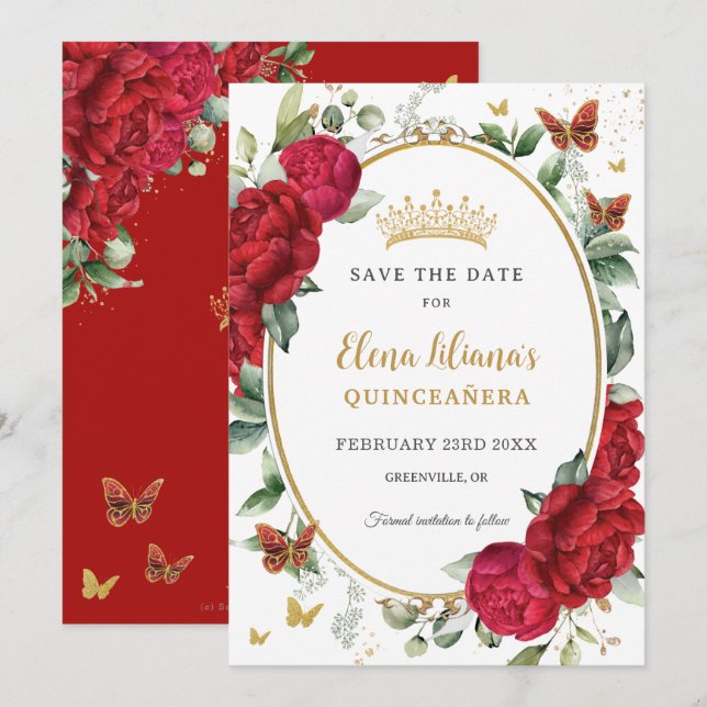 Boho Red Peonies Floral Butterflies Quinceañera Save The Date (Vorne/Hinten)