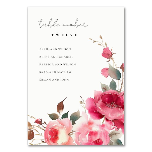 Boho Red Pink Rose Blume Hochzeitsdiagramm Tischnummer (Vorderseite)