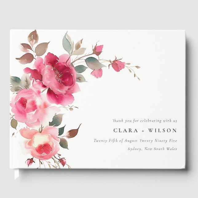 Boho Red Pink Rose Blume Wasserfarbenhochzeit Gästebuch (Vorderseite)