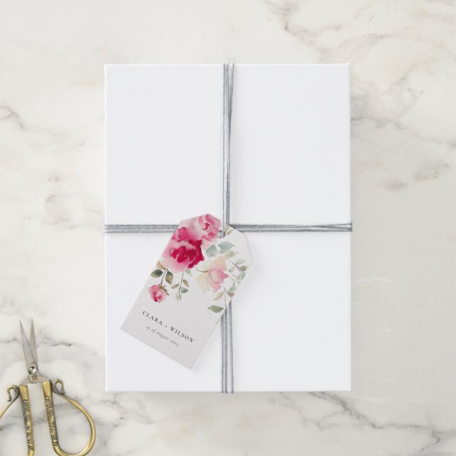 Boho Red Pink Rose Blume Wasserfarbenhochzeit Geschenkanhänger (Mit Garn)