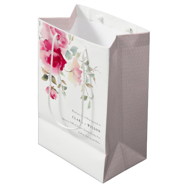Boho Red Pink Rose Blume Wasserfarbenhochzeit Mittlere Geschenktüte (Vorderseite Schrägansicht)
