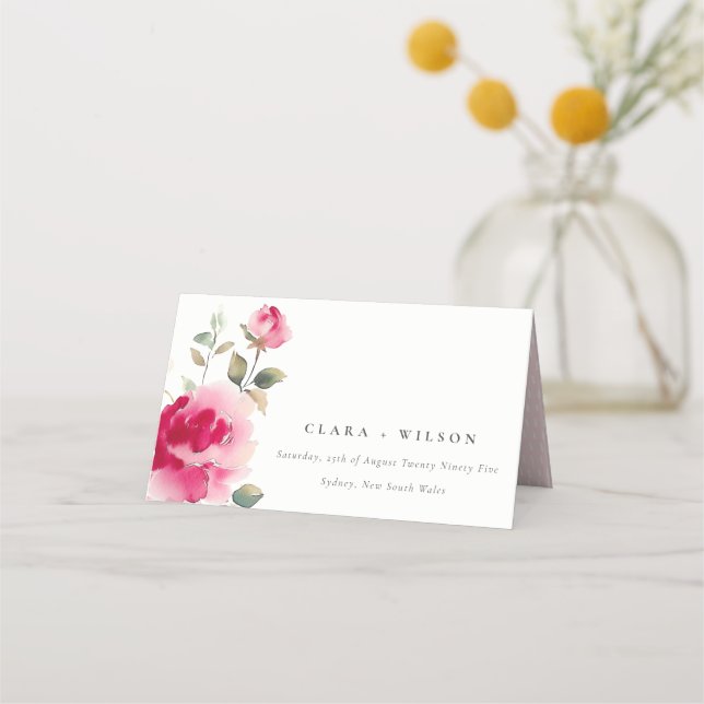 Boho Red Pink Rose Blume Wasserfarbenhochzeit Platzkarte (Vorderseite)