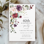 Boho Red und Lila Floral 40. Geburtstag Party Einladung<br><div class="desc">Feiern Sie einen 40. Geburtstag im schönen Boho-Stil mit dieser attraktiven Aquarell-Geburtstagsfeier. Es verfügt über einen hübschen Blumenstrauß in der stilvollen Farbkombination Bordeaux, Rosa, Pflaume lila und Pfirsich mit üppig blühenden Pflanzen. Es ist eine wunderbare Wahl für Feiern von Mitte Sommer, Herbst und während der Wintermonate. Die Rückseite der Einladung...</div>