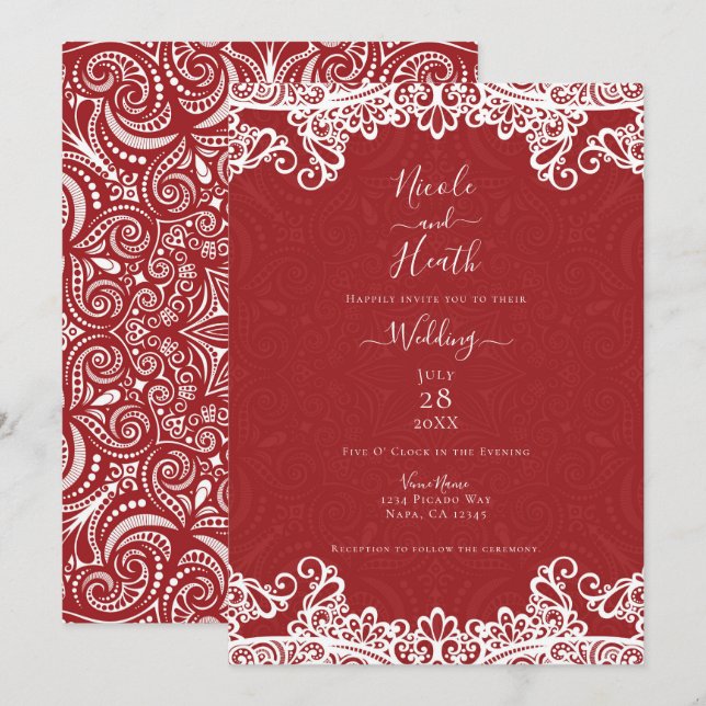 Boho Red & White Lace Bold Pattern Wedding Einladung (Vorne/Hinten)