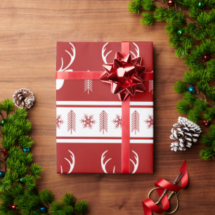Boho Red White Reindeer Snowflake Weihnachten Geschenkpapier
