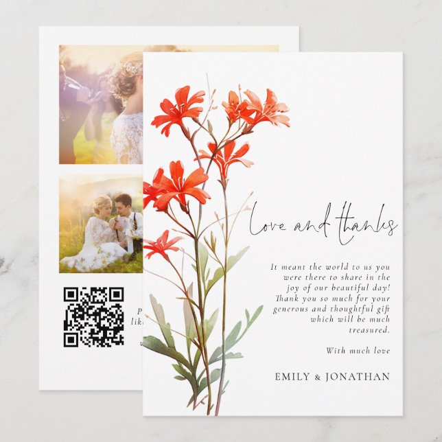 Boho Red Wildblumen 3 Foto QR Wedding Danke Karte (Vorne/Hinten)