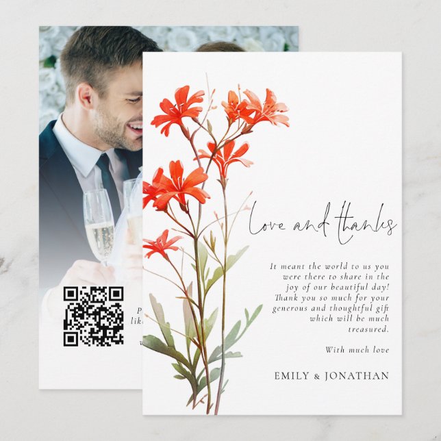 Boho Red Wildblumen Foto QR Wedding Danke Karte (Vorne/Hinten)
