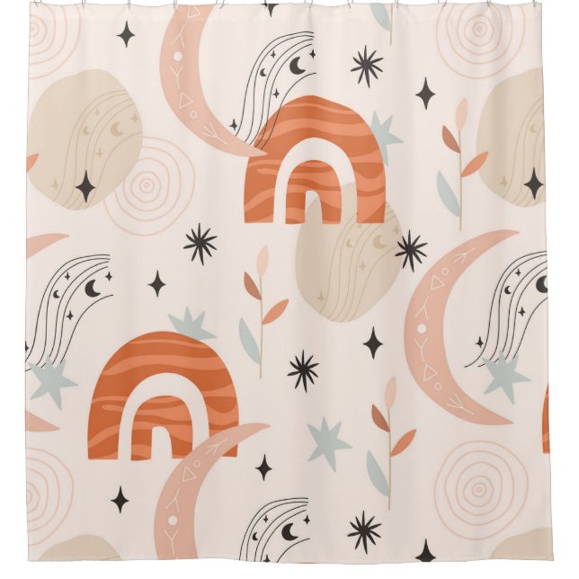 Boho Regenbogen abstrakte Linien Mond Stars Blume Duschvorhang (Vorderseite)