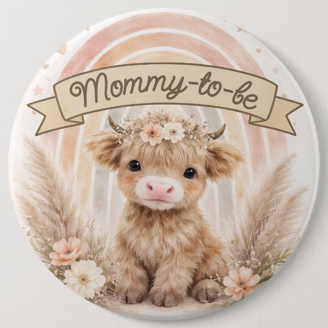 Boho Regenbogen-Baby-Party mit Blumen für werdende Button (Vorderseite)