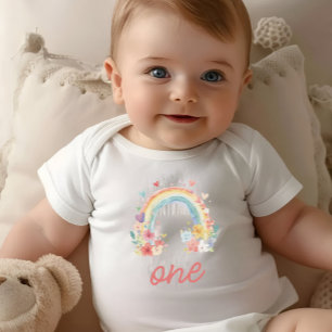 Boho-Regenbogen-Blumen-Pastell "Eins" Erster Gebur Baby Strampler