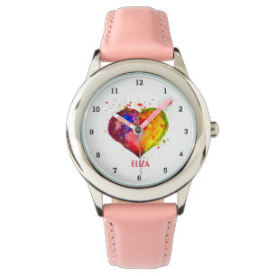 Boho-Regenbogen-Herz-Wasserfarbe Süße Mädchen Rosa Armbanduhr