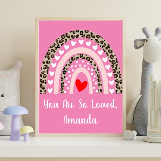 Boho-Regenbogen-Leoparden-Muster-Herzen-Kinderzimm Poster (Boho Rainbow Personalized Nursery Wall Art. You Are So Loved)