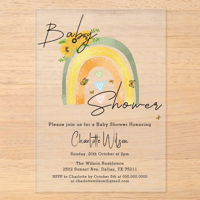 Boho Regenbogen mit Sonnenblumen Babydusche Acryleinladungen (Vorderseite)