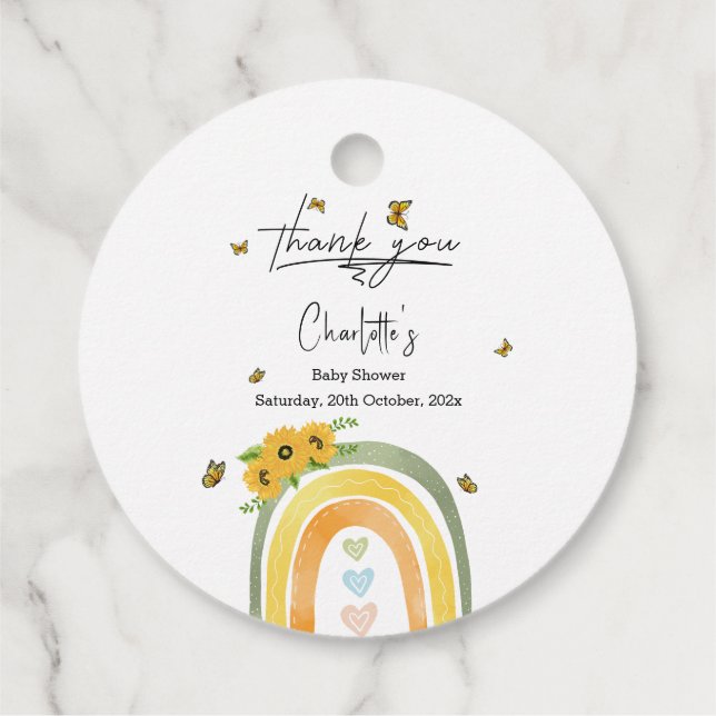 Boho Regenbogen mit Sonnenblumen Babydusche Geschenkanhänger (Rückseite)