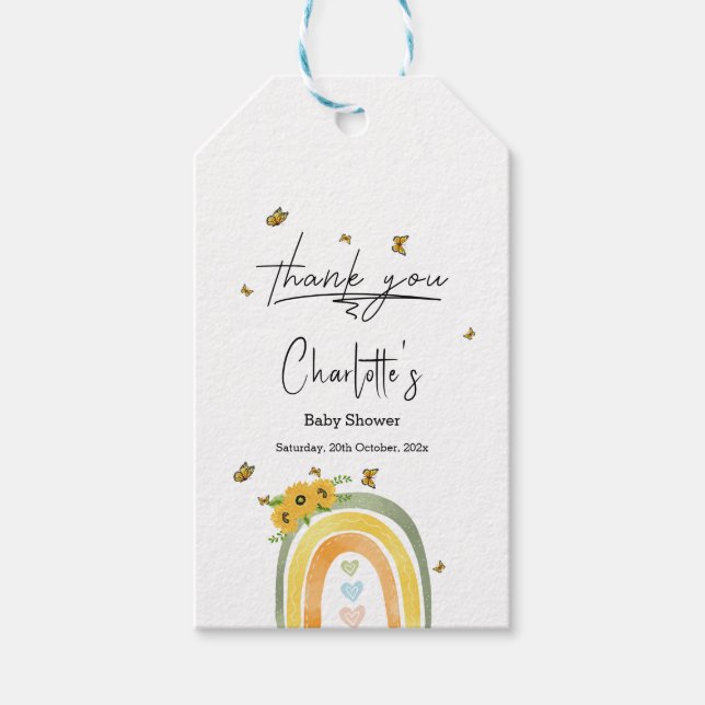 Boho Regenbogen mit Sonnenblumen Babydusche Geschenkanhänger (Vorderseite)