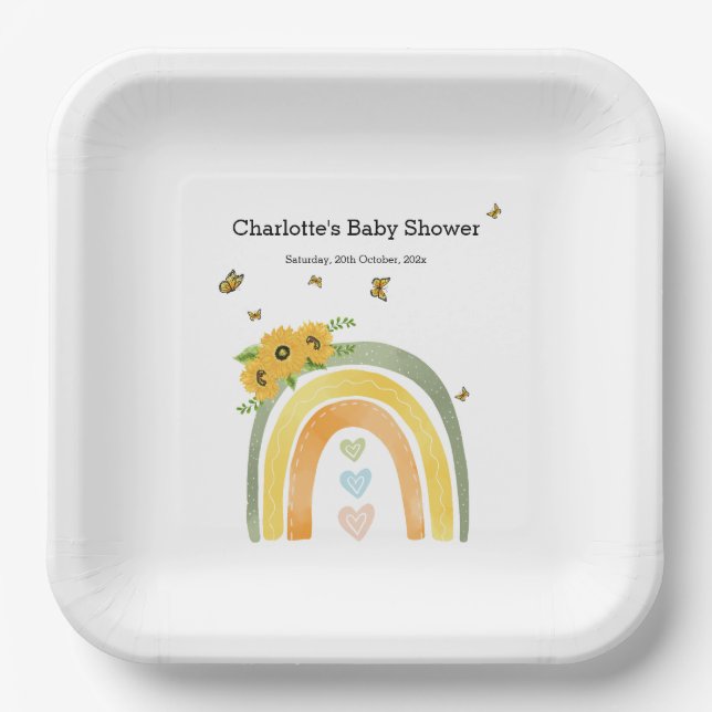 Boho Regenbogen mit Sonnenblumen Babydusche Pappteller (Vorderseite)