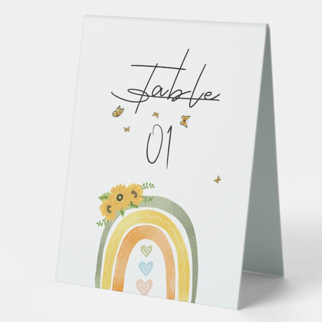 Boho Regenbogen mit Sonnenblumen Babydusche Tischaufsteller (Vorderseite)