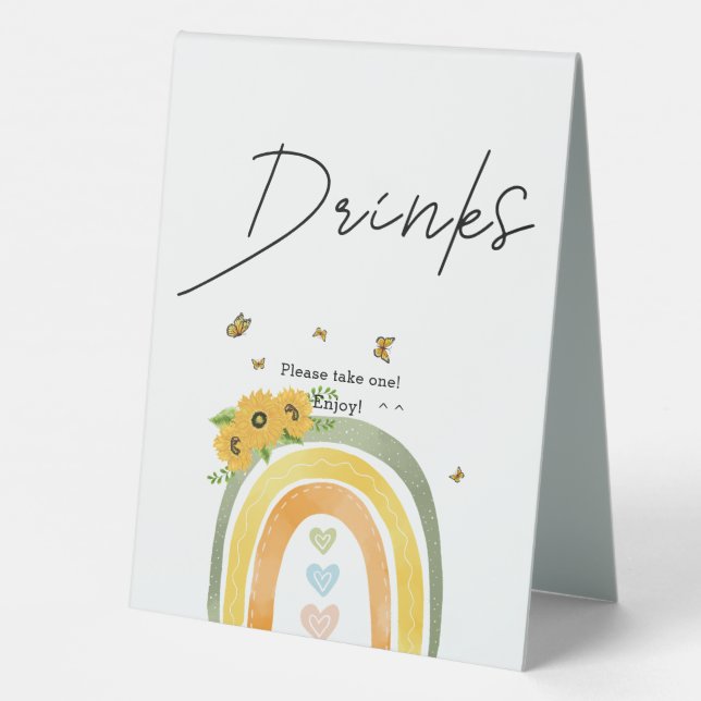 Boho Regenbogen mit Sonnenblumen Babydusche Tischaufsteller (Rückseite)