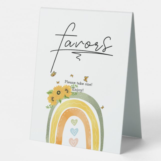 Boho Regenbogen mit Sonnenblumen Babydusche Tischaufsteller (Rückseite)