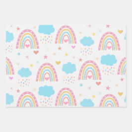 Boho Regenbogen Muster mit Wolken pastellfarben Geschenkpapier Set