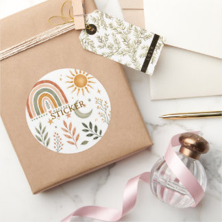 Boho-Regenbogen-Sonne-Mond-Botanik-Aufkleberbogen Runder Aufkleber