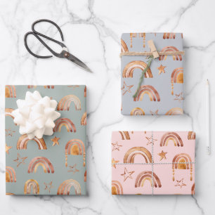 Boho-Regenbogen-Sterne-Baby-Party Blau Rosa Grün Geschenkpapier Set