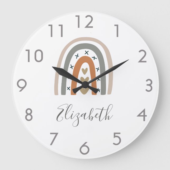 Boho Regenbogenbraun, beige, graues, weißes Kinder Große Wanduhr (Vorderseite)