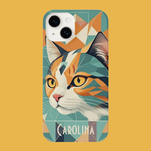 Boho Retro abstrakt Katzenportrait Orangengrün iPhone 14 Hülle (Beautiful boho style cat.)