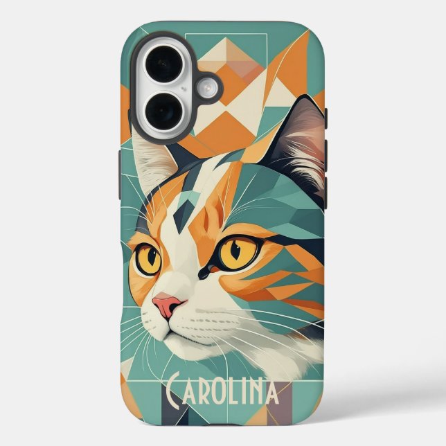Boho Retro abstrakt Katzenportrait Orangengrün iPhone 16 Hülle (Rückseite)