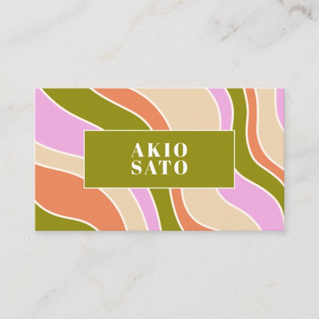 Boho Retro Abstrakt Wavy Lines Pink Green Visitenkarte (Vorderseite)