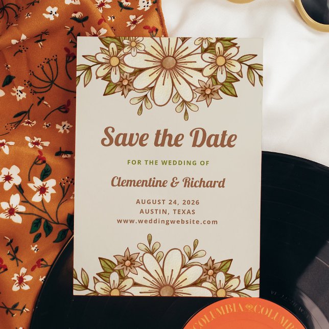 Boho Retro Blumen | Hochzeit Save The Date (A retro-inspired wedding save the date card with vintage style flowers and typography)