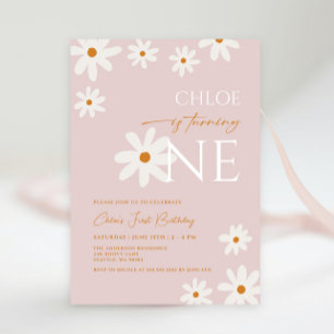 Boho Retro Blush Pink Daisy Girl Erster Geburtstag Einladung