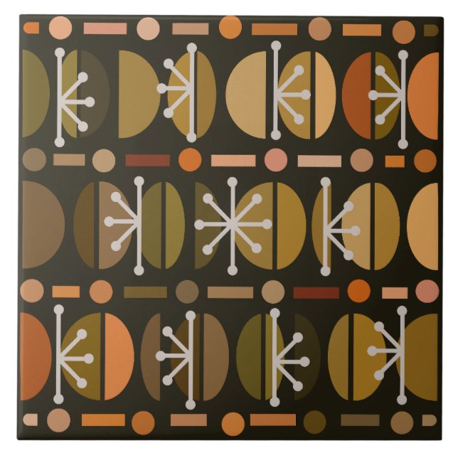 Boho Retro Bowls Lines Dark Earth Tones Fliese (Vorderseite)