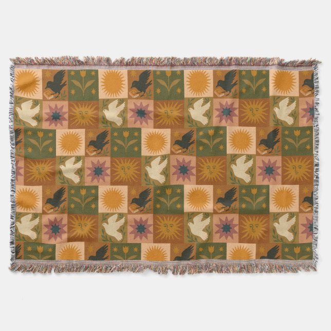 Boho Retro Celestial Sun Moon Decke (Vorderseite)